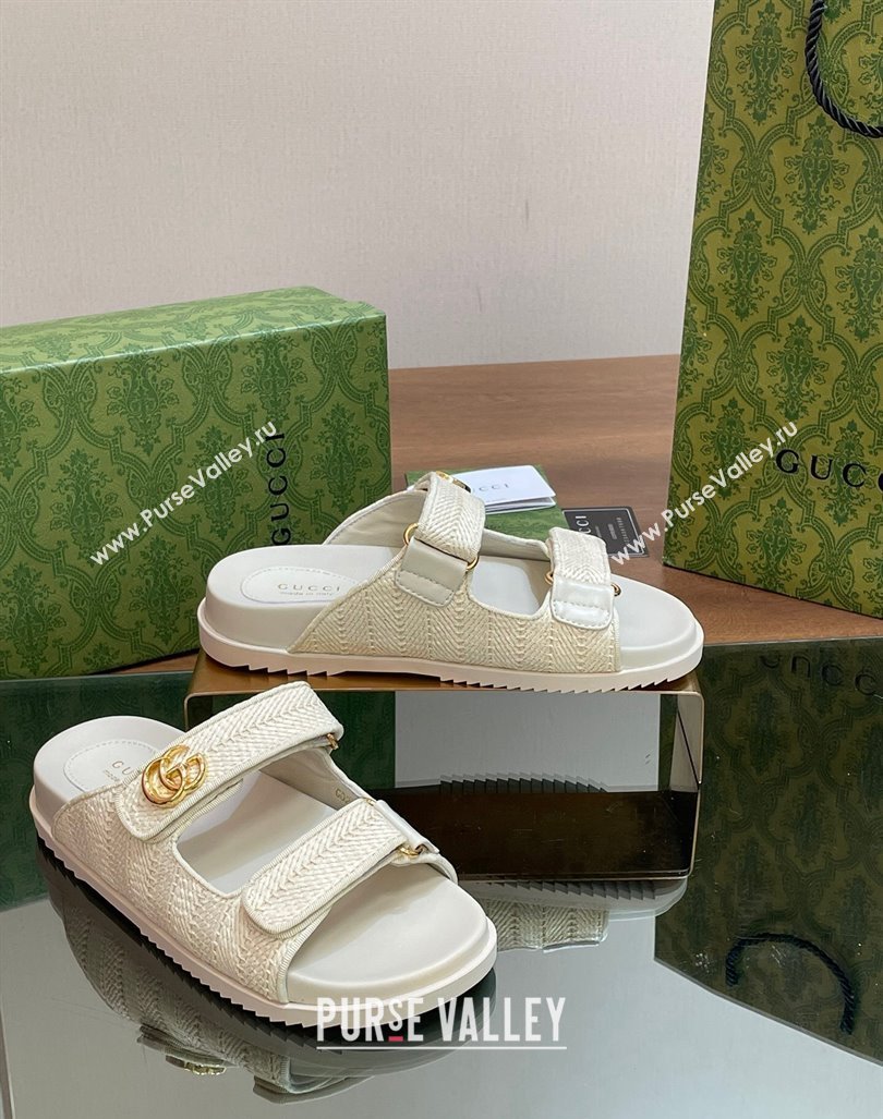 Gucci Straw Effect Flat Slides Sandal with Strap and GG White 2024 0605 (MD-240605024)