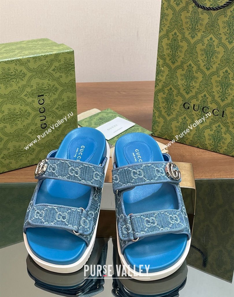 Gucci GG Denim Flat Slides Sandal with Strap Blue2 2024 0605 (MD-240605021)