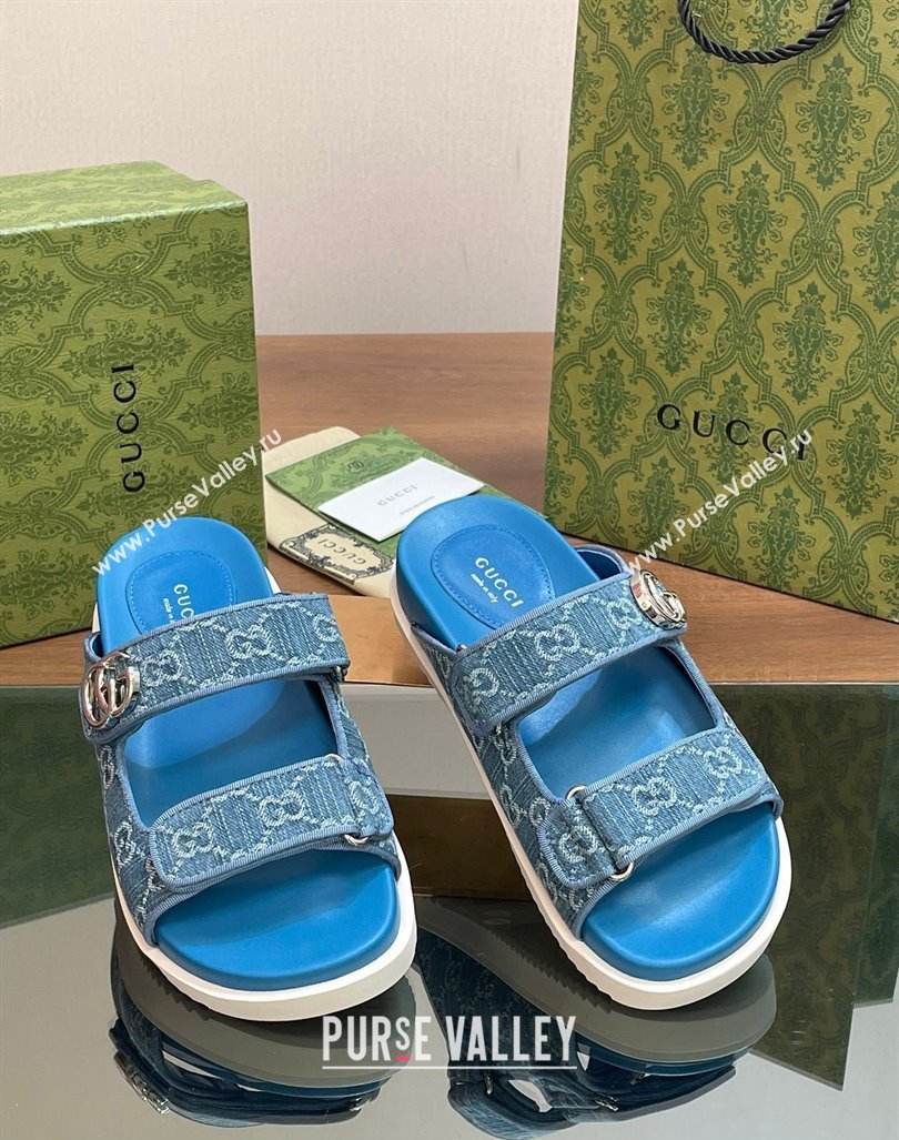 Gucci GG Denim Flat Slides Sandal with Strap Blue2 2024 0605 (MD-240605021)