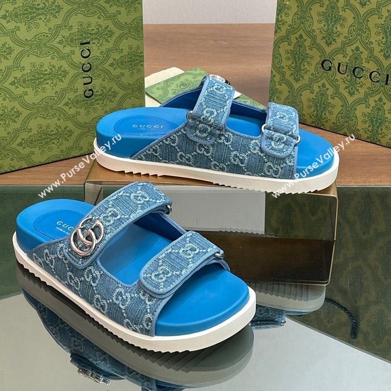 Gucci GG Denim Flat Slides Sandal with Strap Blue2 2024 0605 (MD-240605021)