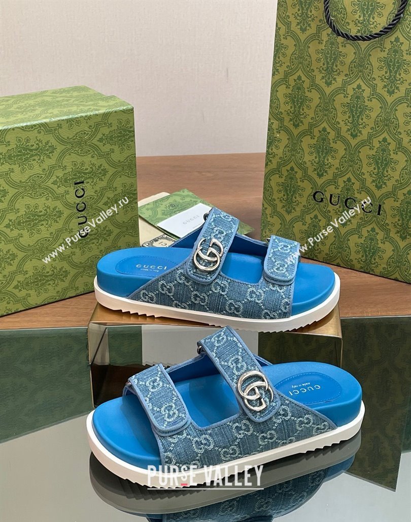 Gucci GG Denim Flat Slides Sandal with Strap Blue2 2024 0605 (MD-240605021)