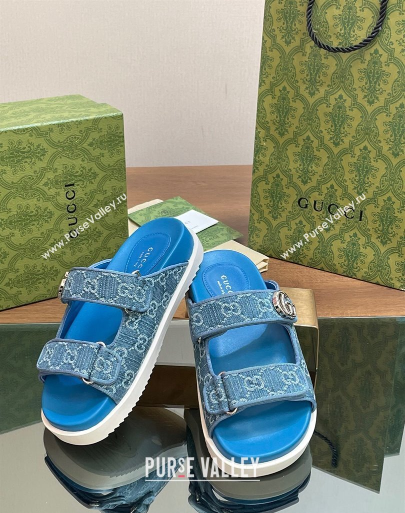 Gucci GG Denim Flat Slides Sandal with Strap Blue2 2024 0605 (MD-240605021)