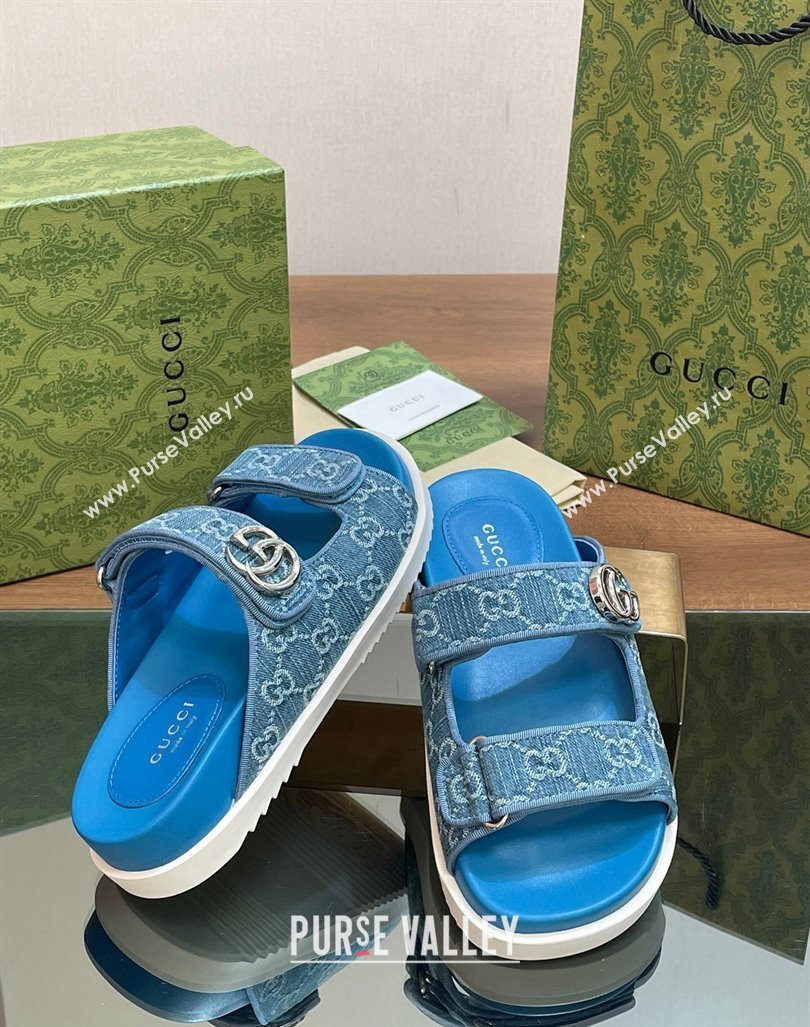 Gucci GG Denim Flat Slides Sandal with Strap Blue2 2024 0605 (MD-240605021)