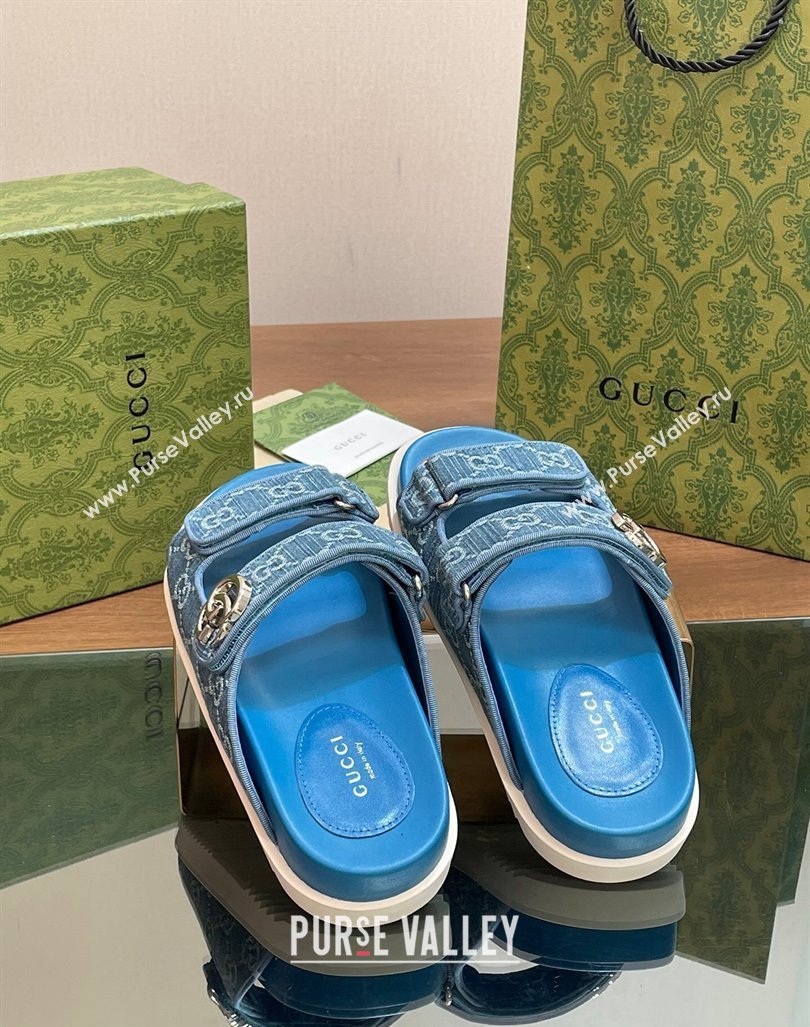 Gucci GG Denim Flat Slides Sandal with Strap Blue2 2024 0605 (MD-240605021)