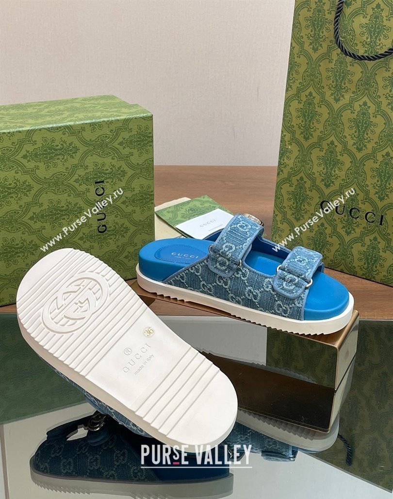 Gucci GG Denim Flat Slides Sandal with Strap Blue2 2024 0605 (MD-240605021)