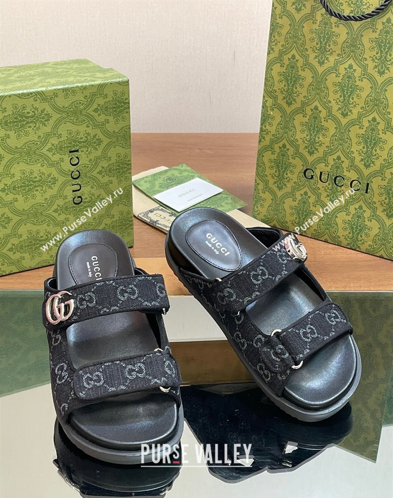 Gucci GG Denim Flat Slides Sandal with Strap Black 2024 0605 (MD-240605022)