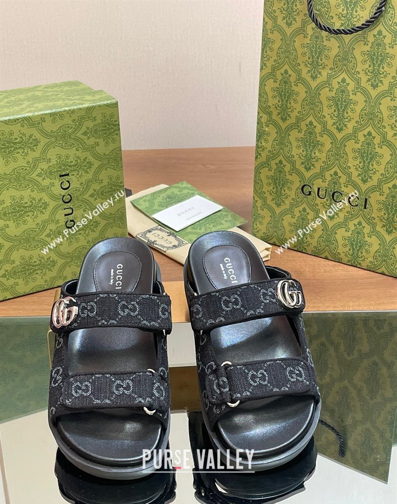 Gucci GG Denim Flat Slides Sandal with Strap Black 2024 0605 (MD-240605022)