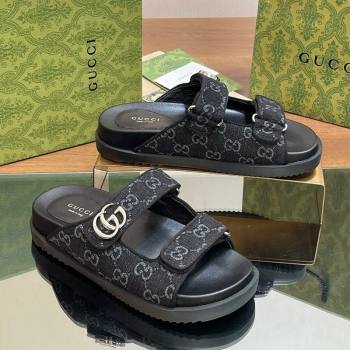 Gucci GG Denim Flat Slides Sandal with Strap Black 2024 0605 (MD-240605022)