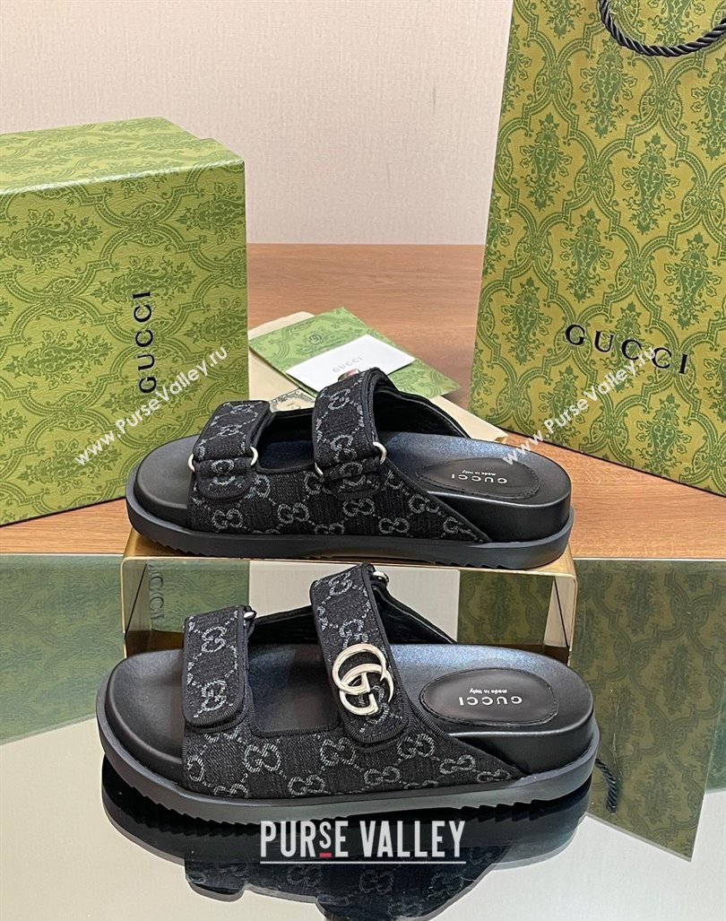 Gucci GG Denim Flat Slides Sandal with Strap Black 2024 0605 (MD-240605022)