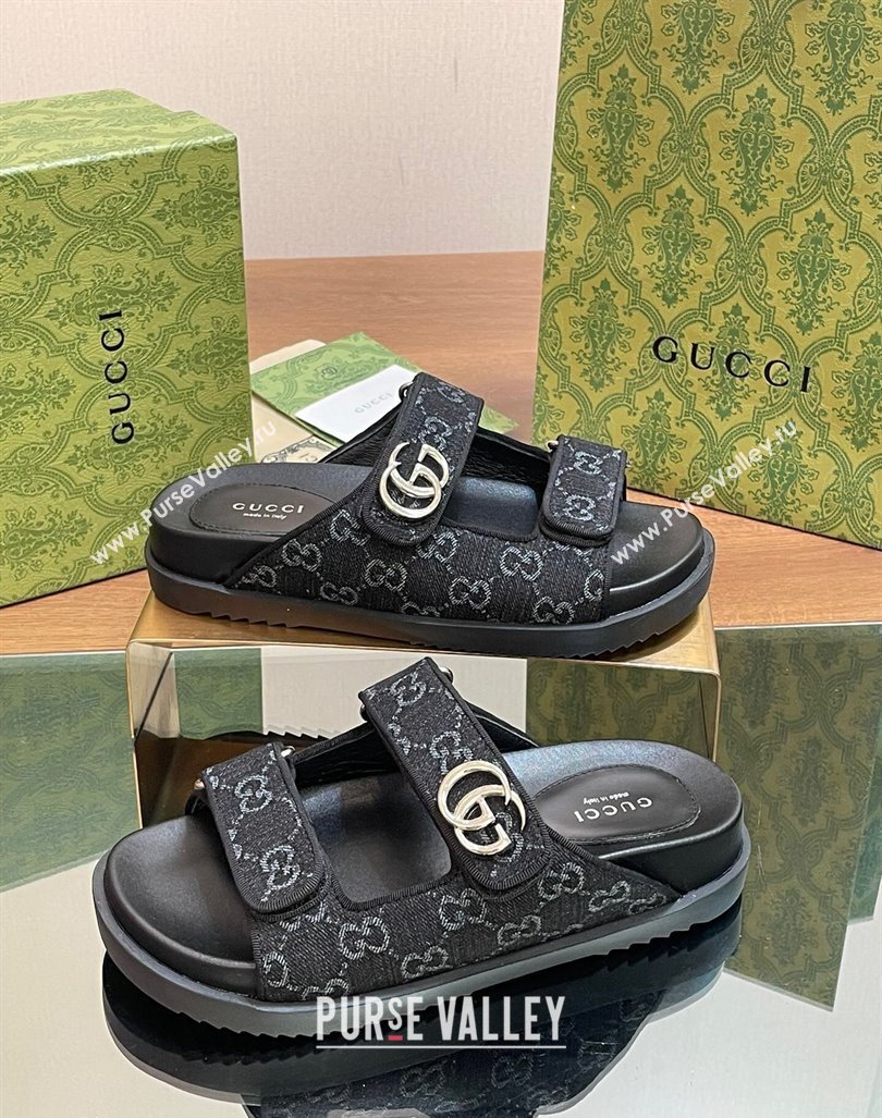 Gucci GG Denim Flat Slides Sandal with Strap Black 2024 0605 (MD-240605022)