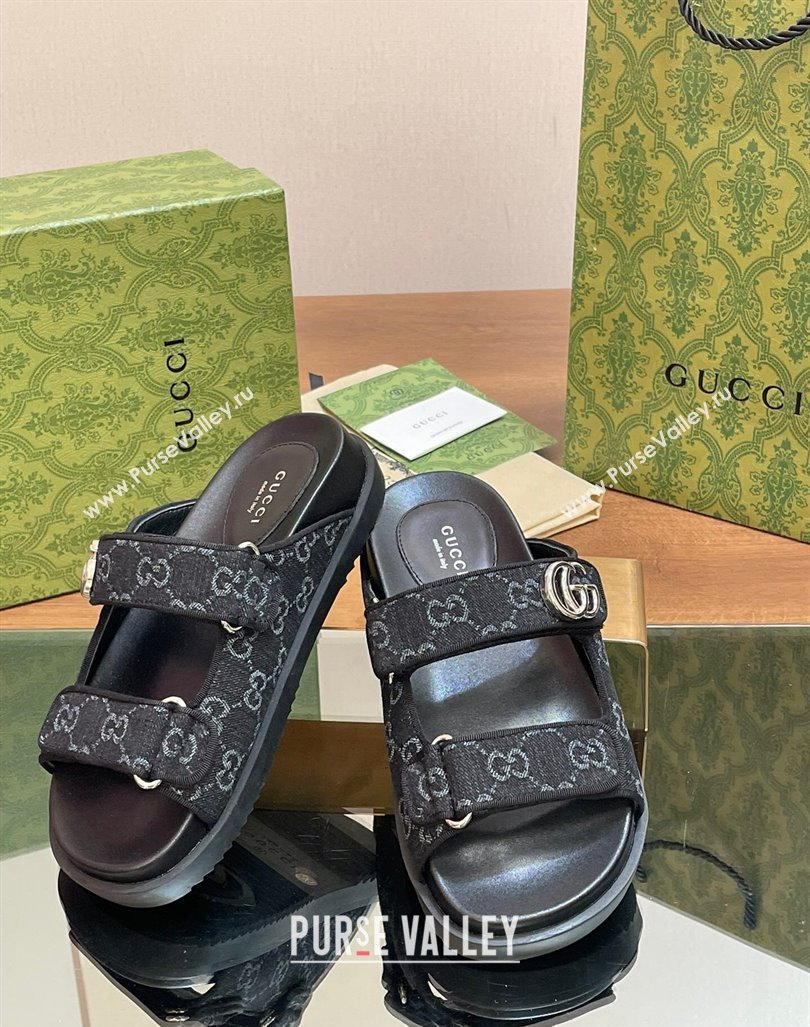 Gucci GG Denim Flat Slides Sandal with Strap Black 2024 0605 (MD-240605022)