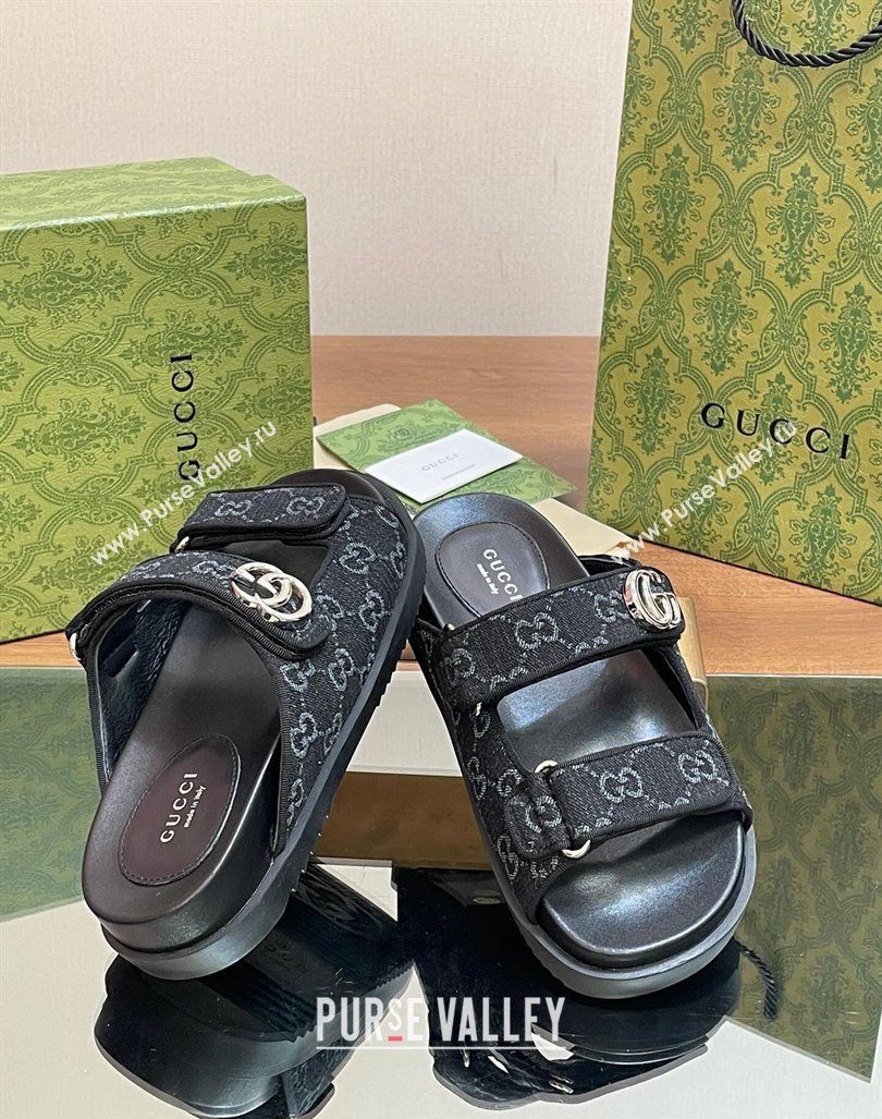 Gucci GG Denim Flat Slides Sandal with Strap Black 2024 0605 (MD-240605022)