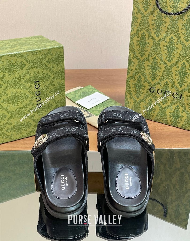 Gucci GG Denim Flat Slides Sandal with Strap Black 2024 0605 (MD-240605022)