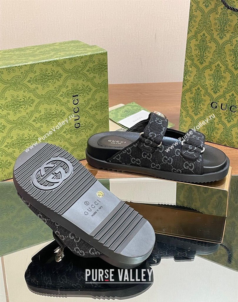 Gucci GG Denim Flat Slides Sandal with Strap Black 2024 0605 (MD-240605022)