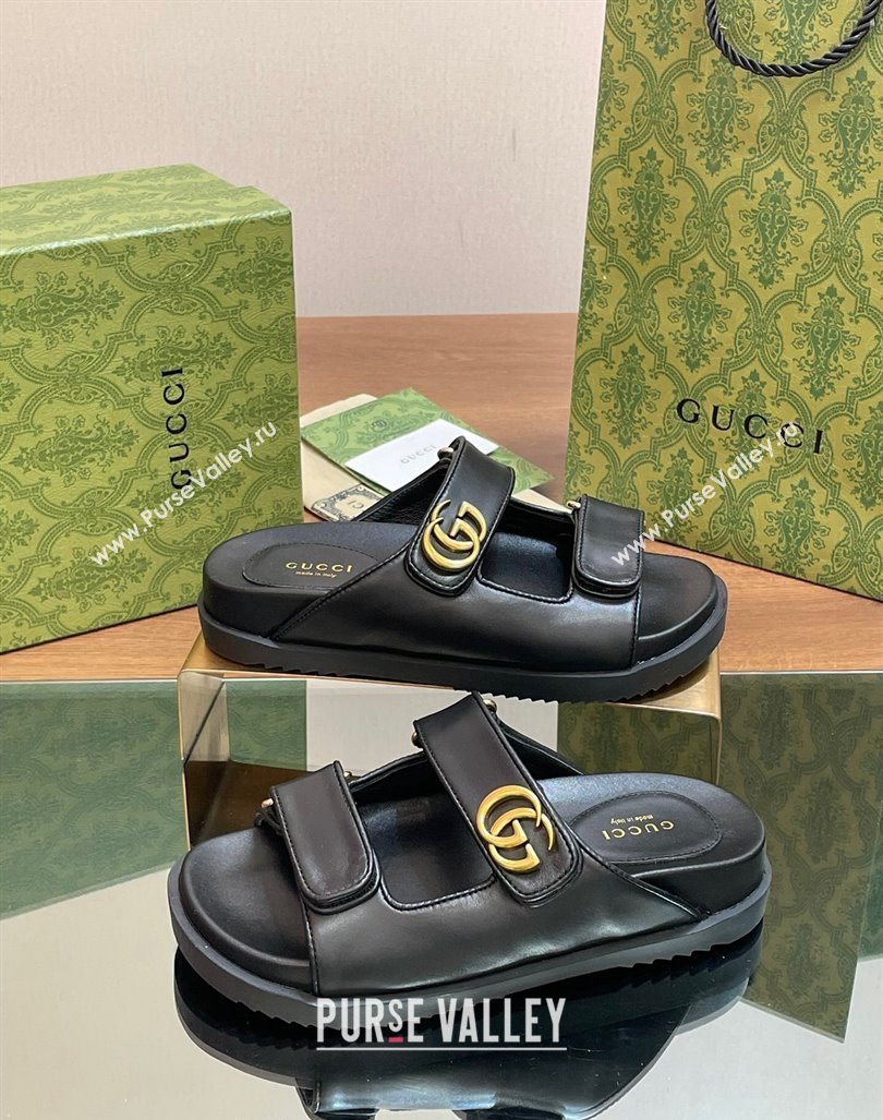 Gucci Leather Flat Slides Sandal with Strap Black 2024 0605 (MD-240605023)