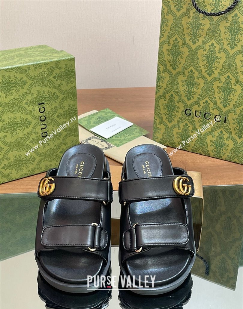 Gucci Leather Flat Slides Sandal with Strap Black 2024 0605 (MD-240605023)