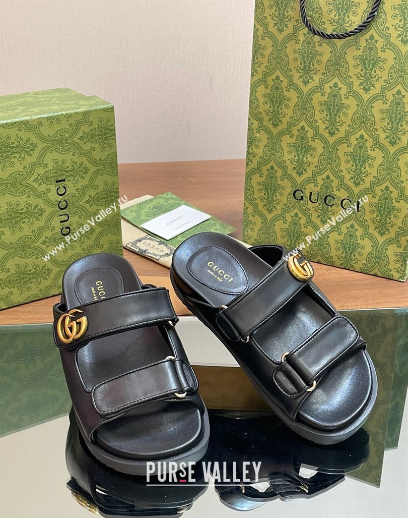 Gucci Leather Flat Slides Sandal with Strap Black 2024 0605 (MD-240605023)