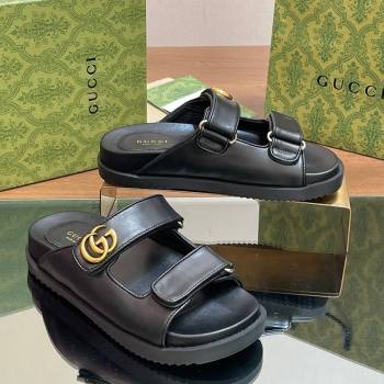 Gucci Leather Flat Slides Sandal with Strap Black 2024 0605 (MD-240605023)