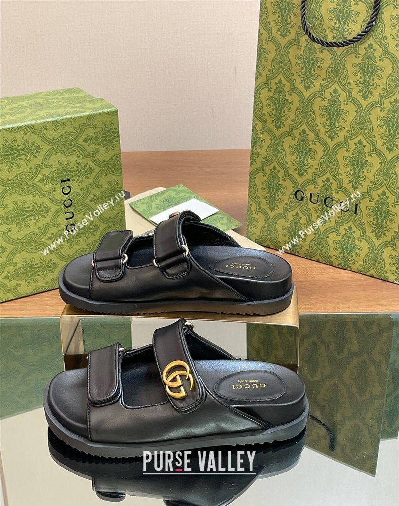 Gucci Leather Flat Slides Sandal with Strap Black 2024 0605 (MD-240605023)