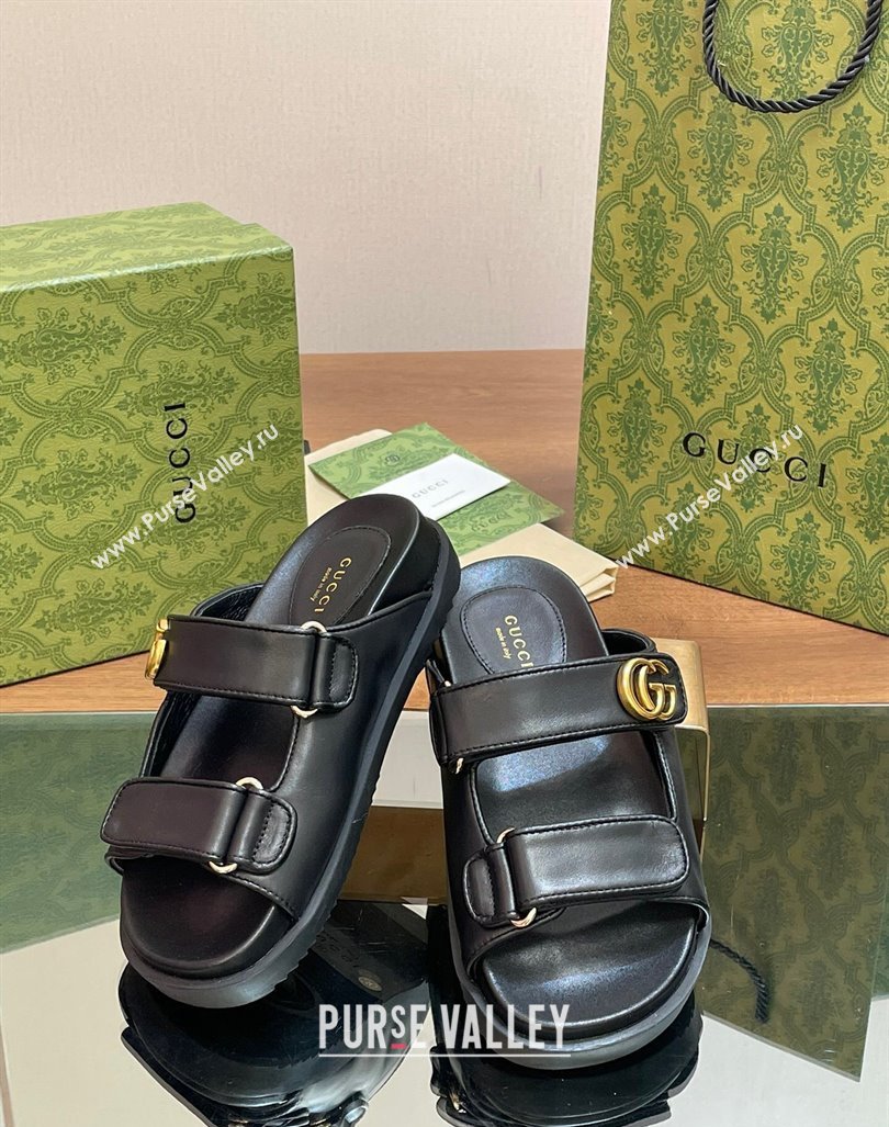 Gucci Leather Flat Slides Sandal with Strap Black 2024 0605 (MD-240605023)