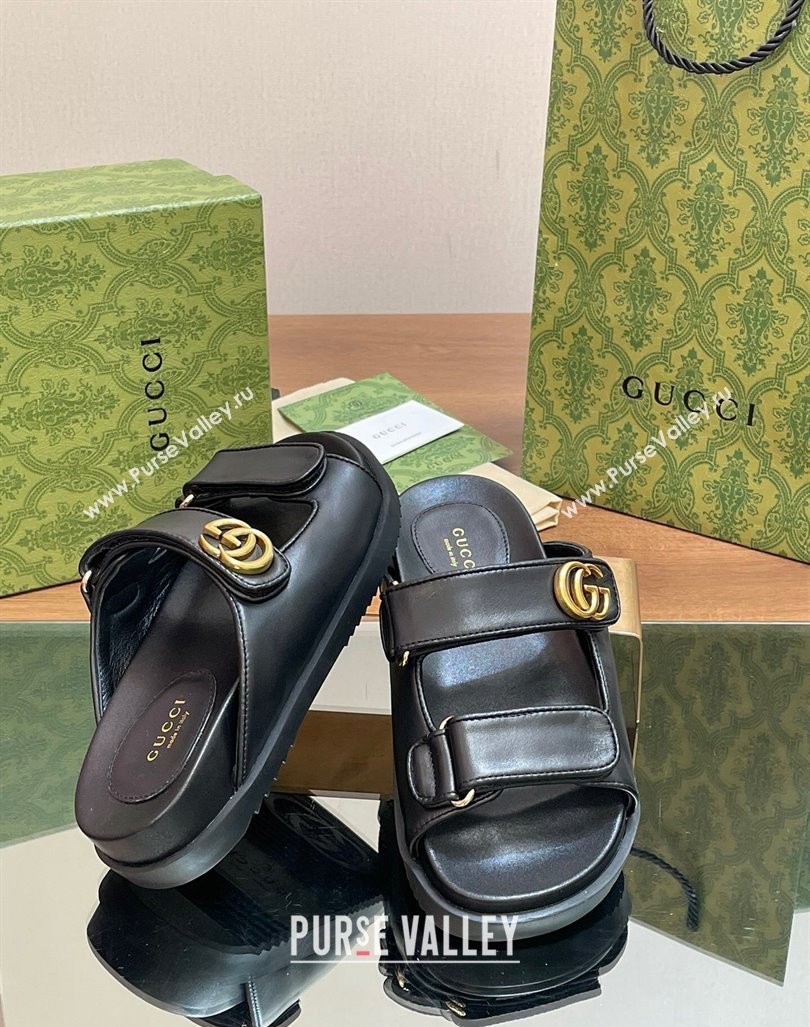 Gucci Leather Flat Slides Sandal with Strap Black 2024 0605 (MD-240605023)