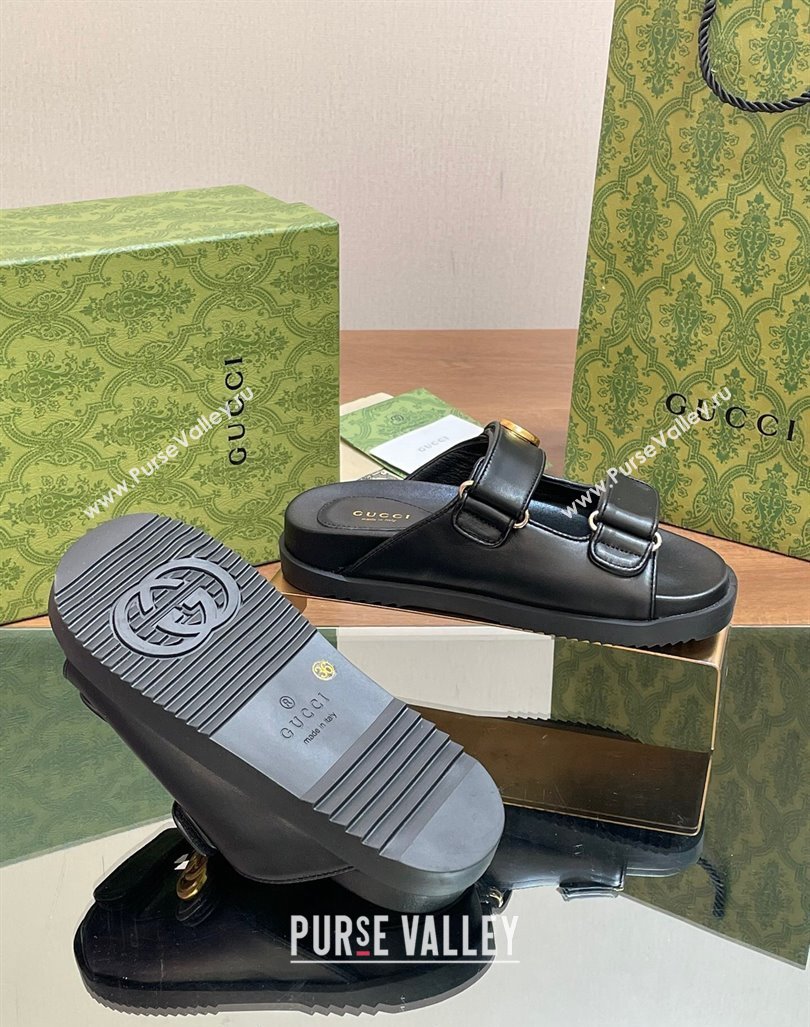 Gucci Leather Flat Slides Sandal with Strap Black 2024 0605 (MD-240605023)