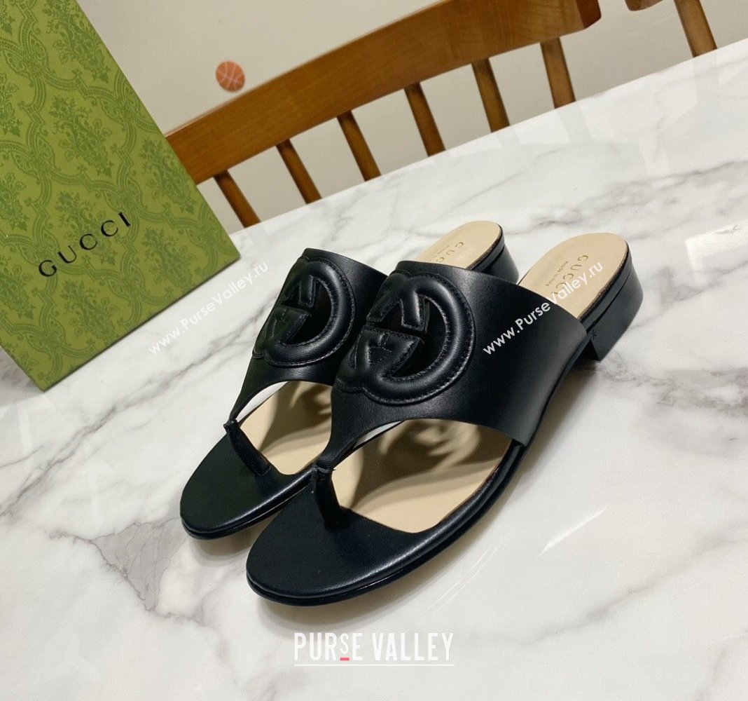 Gucci Leather Flat Thong Slide Sandals with Cutout Interlocking G Black 2024 0605 (MD-240605043)