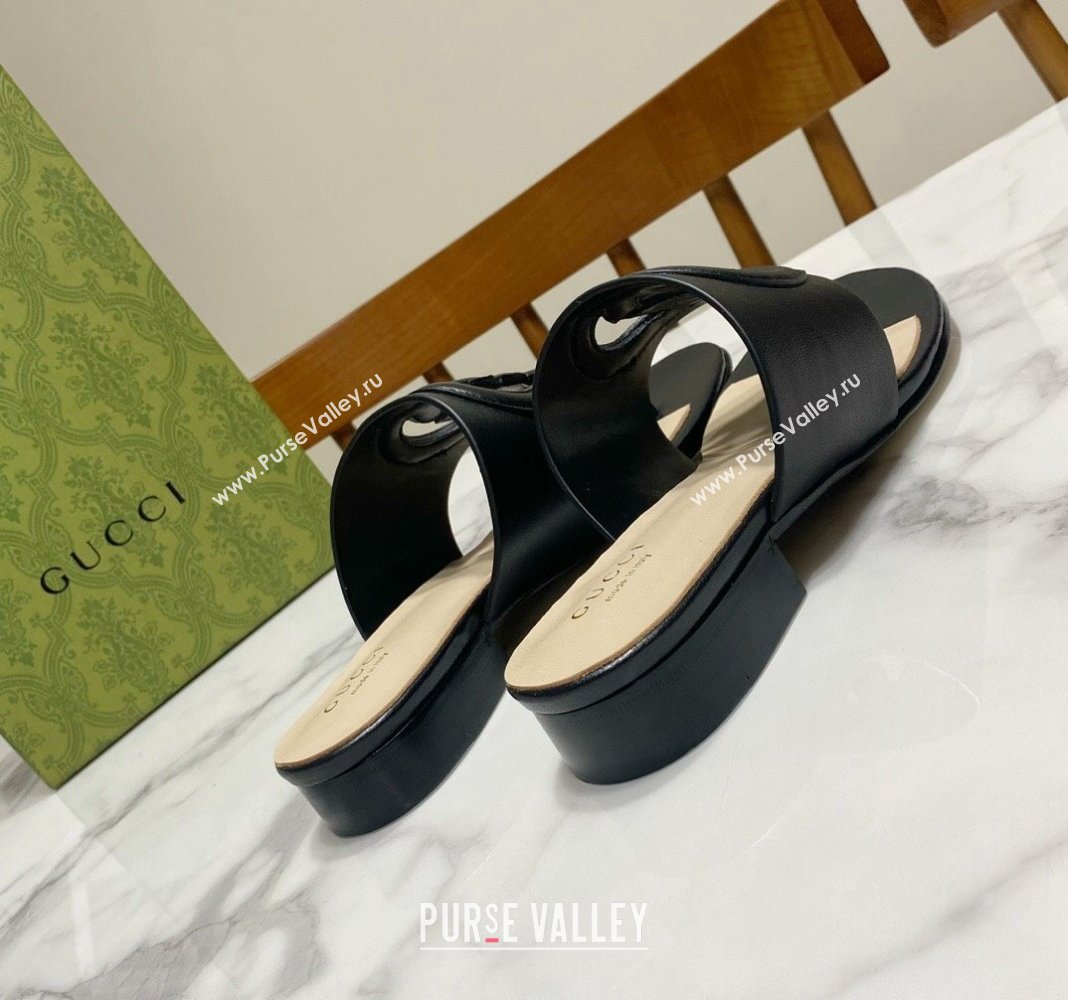 Gucci Leather Flat Thong Slide Sandals with Cutout Interlocking G Black 2024 0605 (MD-240605043)