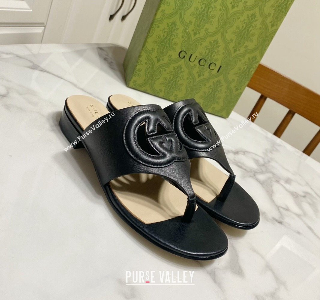 Gucci Leather Flat Thong Slide Sandals with Cutout Interlocking G Black 2024 0605 (MD-240605043)