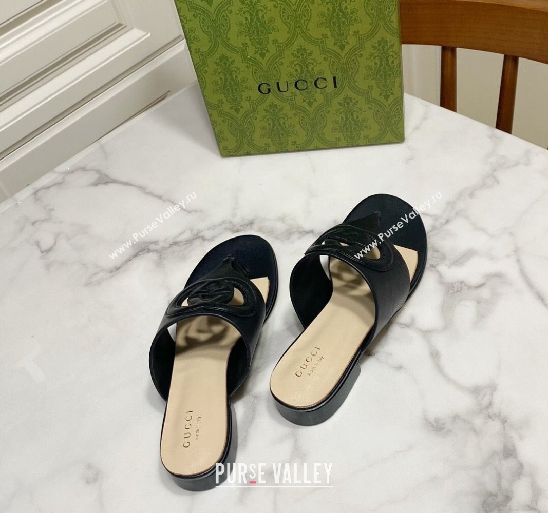 Gucci Leather Flat Thong Slide Sandals with Cutout Interlocking G Black 2024 0605 (MD-240605043)