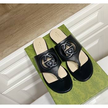 Gucci Leather Flat Thong Slide Sandals with Cutout Interlocking G Black 2024 0605 (MD-240605043)