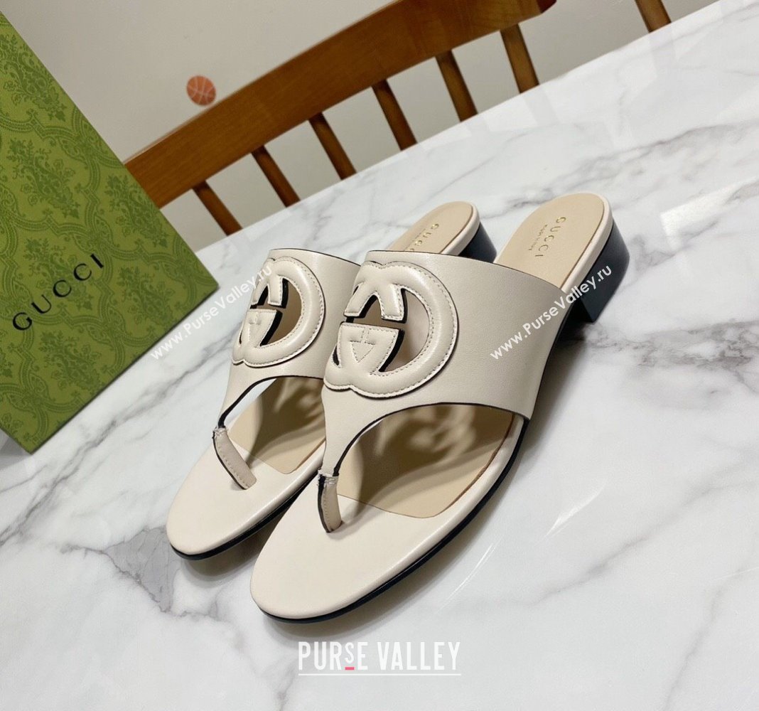 Gucci Leather Flat Thong Slide Sandals with Cutout Interlocking G White 2024 0605 (MD-240605044)