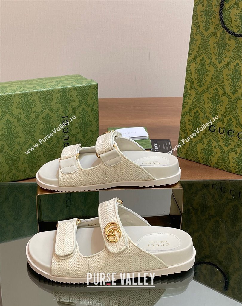 Gucci Straw Effect Flat Slides Sandal with Strap and GG White 2024 0605 (MD-240605024)