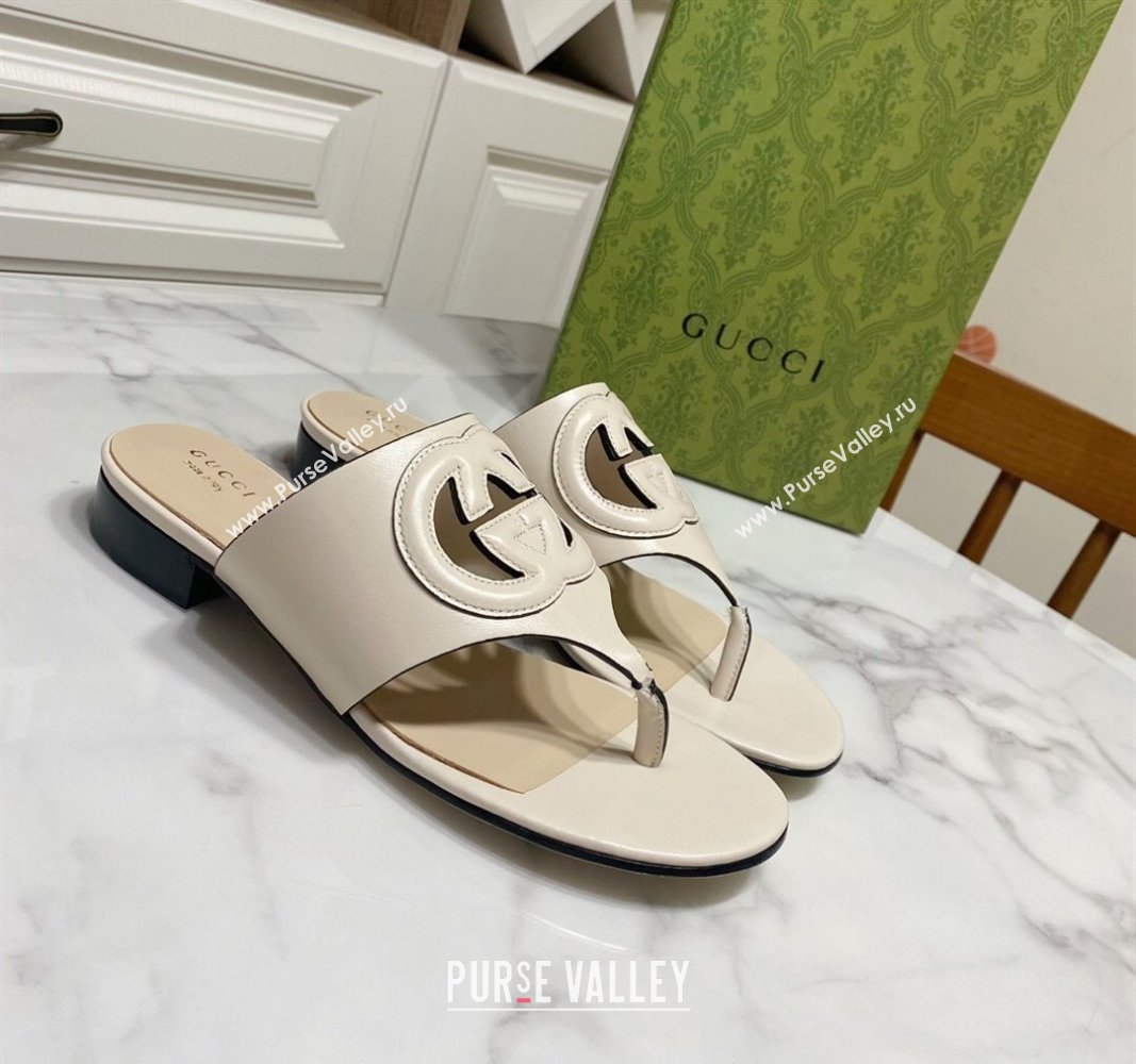 Gucci Leather Flat Thong Slide Sandals with Cutout Interlocking G White 2024 0605 (MD-240605044)