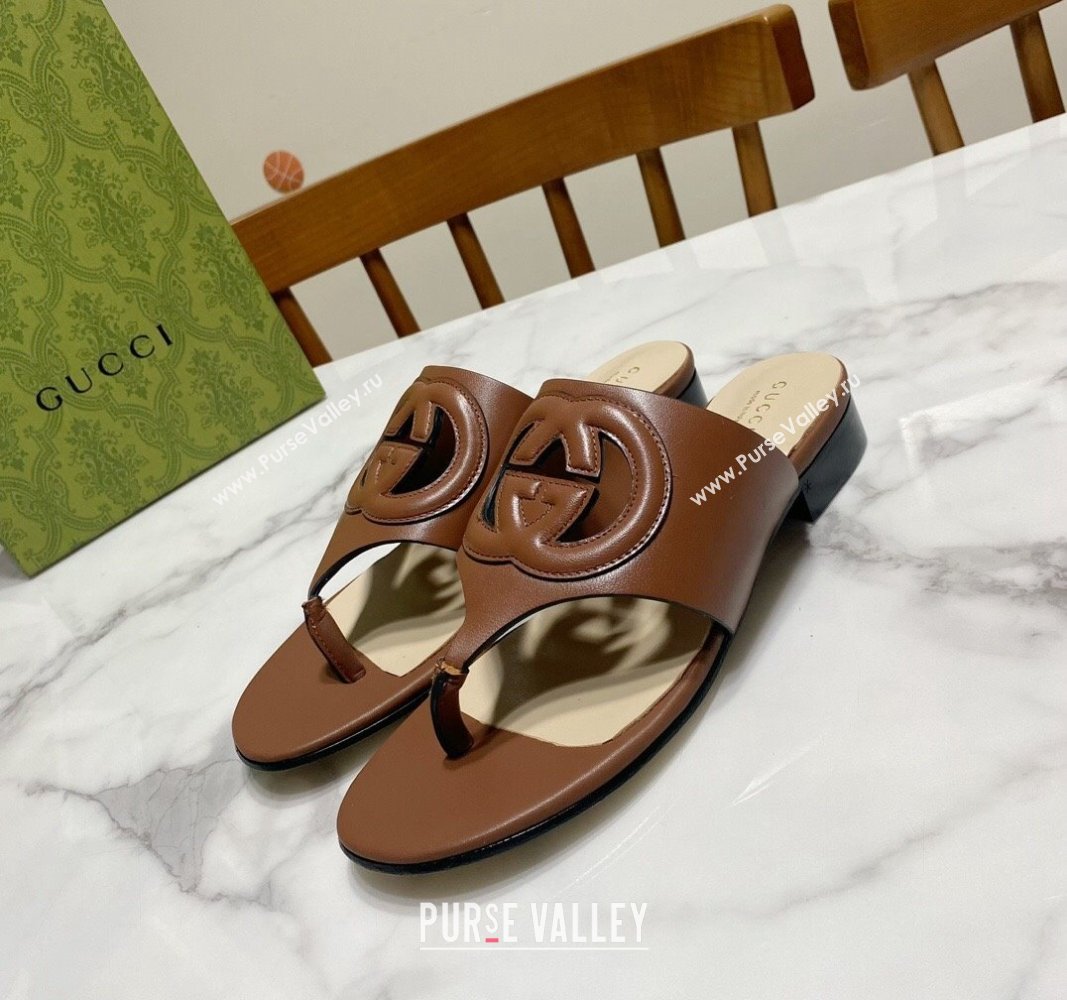 Gucci Leather Flat Thong Slide Sandals with Cutout Interlocking G Brown 2024 0605 (MD-240605045)