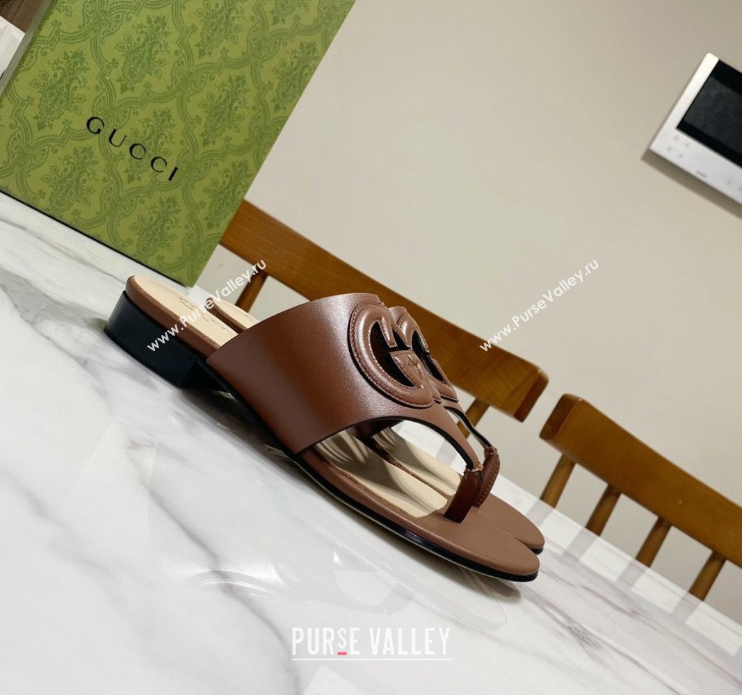 Gucci Leather Flat Thong Slide Sandals with Cutout Interlocking G Brown 2024 0605 (MD-240605045)