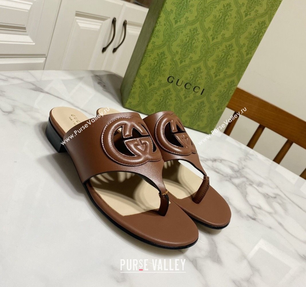 Gucci Leather Flat Thong Slide Sandals with Cutout Interlocking G Brown 2024 0605 (MD-240605045)