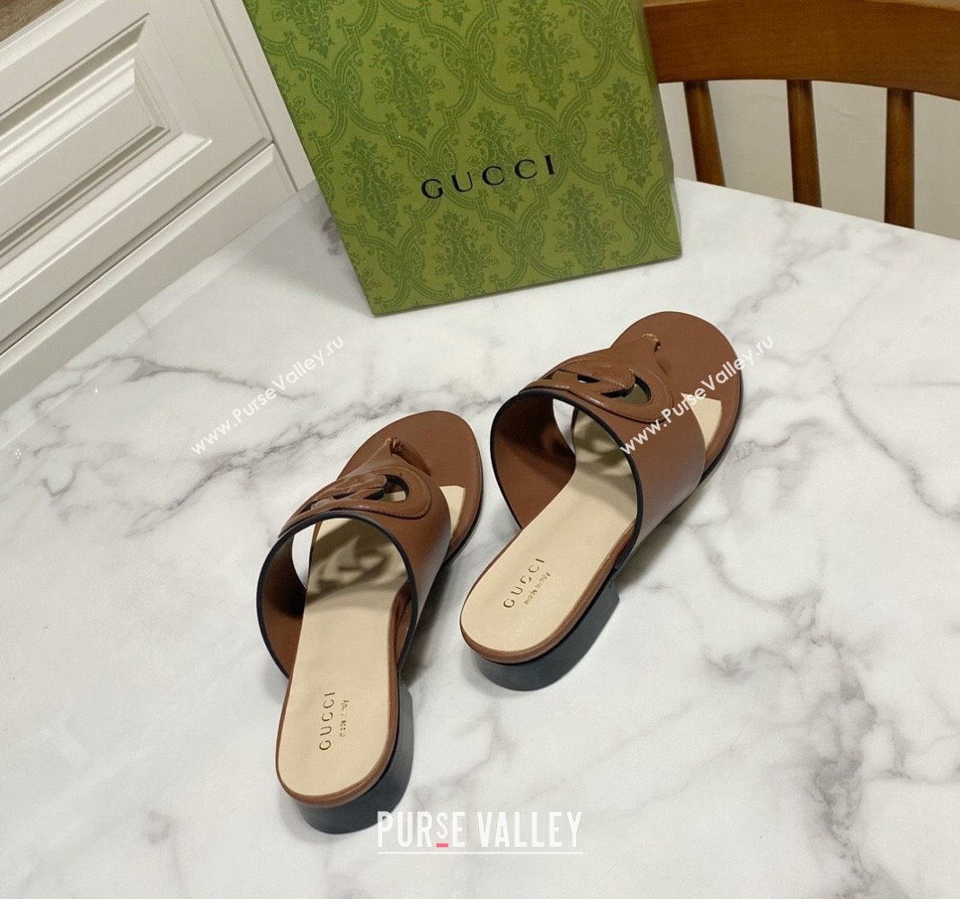 Gucci Leather Flat Thong Slide Sandals with Cutout Interlocking G Brown 2024 0605 (MD-240605045)