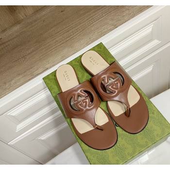 Gucci Leather Flat Thong Slide Sandals with Cutout Interlocking G Brown 2024 0605 (MD-240605045)