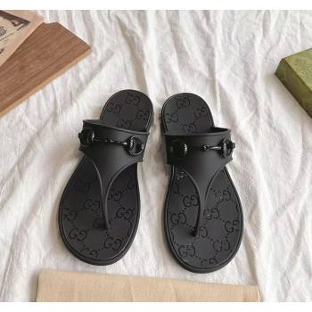 Gucci Rubber Flat Thong Slide Sandals with Horsebit Black 2024 0605 (GDX-240605045)