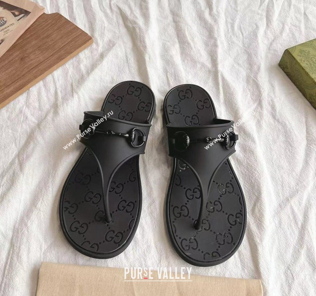 Gucci Rubber Flat Thong Slide Sandals with Horsebit Black 2024 0605 (GDX-240605045)