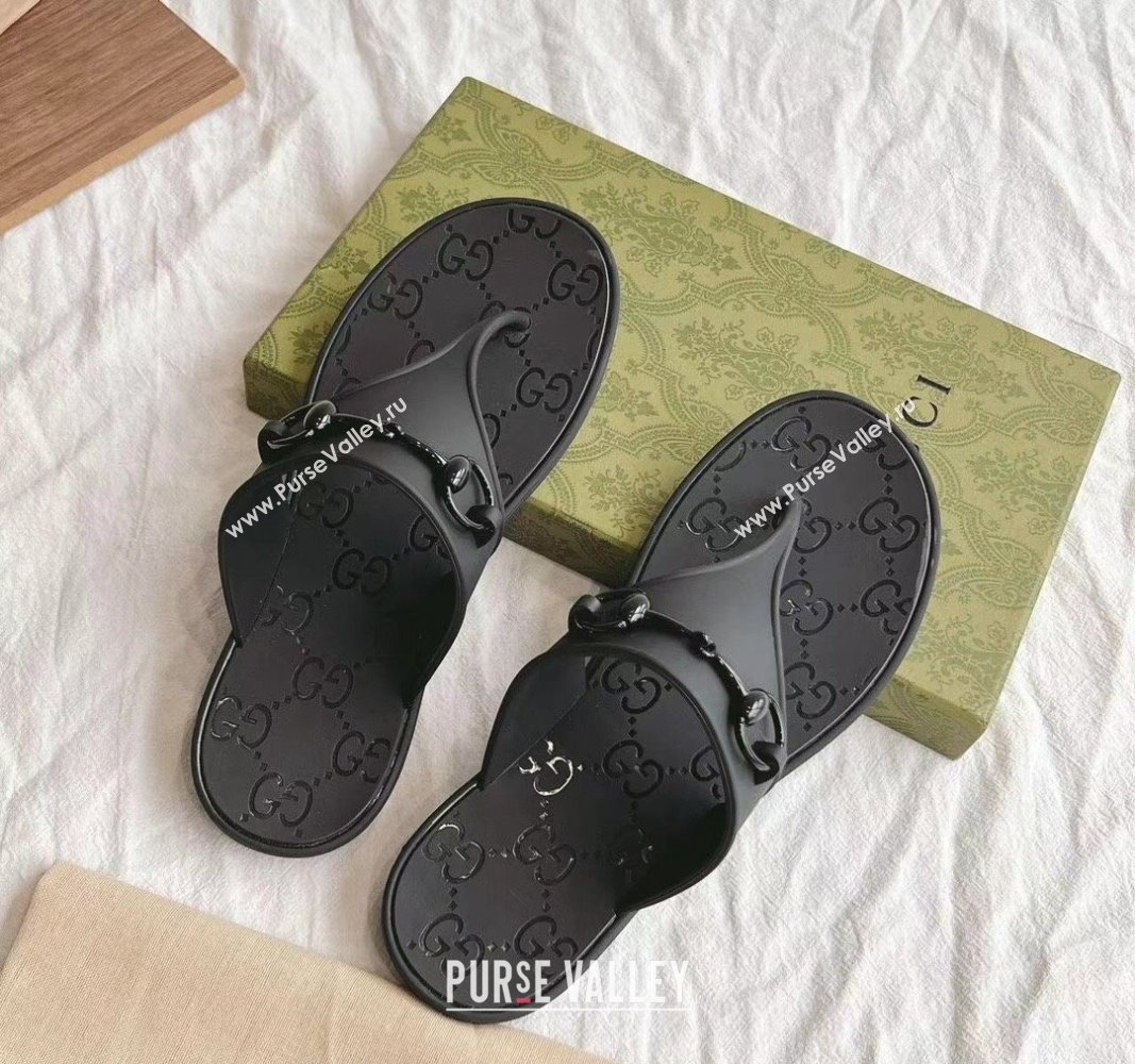 Gucci Rubber Flat Thong Slide Sandals with Horsebit Black 2024 0605 (GDX-240605045)