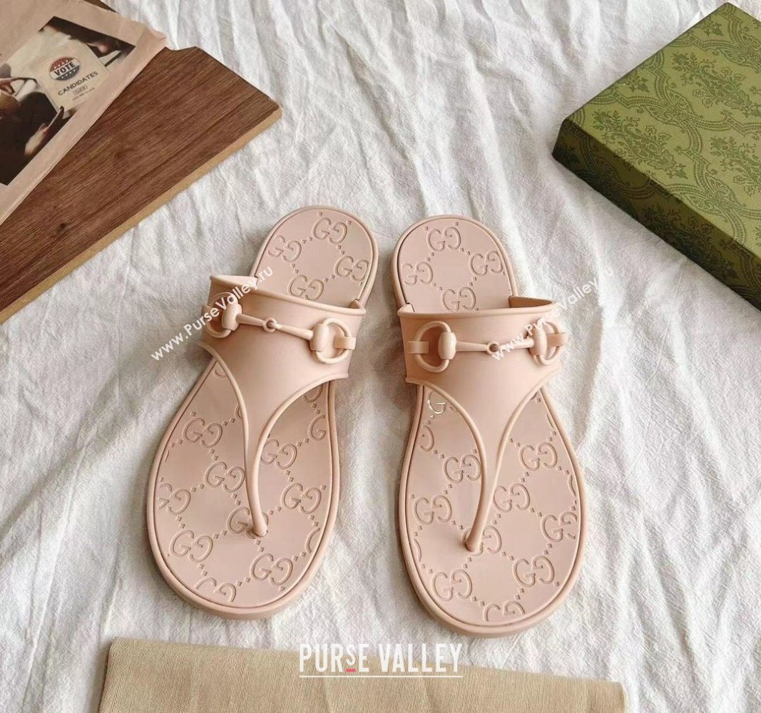 Gucci Rubber Flat Thong Slide Sandals with Horsebit Nude Pink 2024 0605 (GDX-240605046)