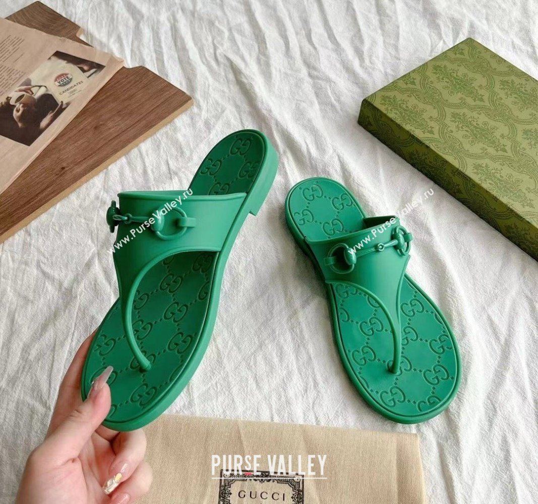 Gucci Rubber Flat Thong Slide Sandals with Horsebit Green 2024 0605 (GDX-240605048)