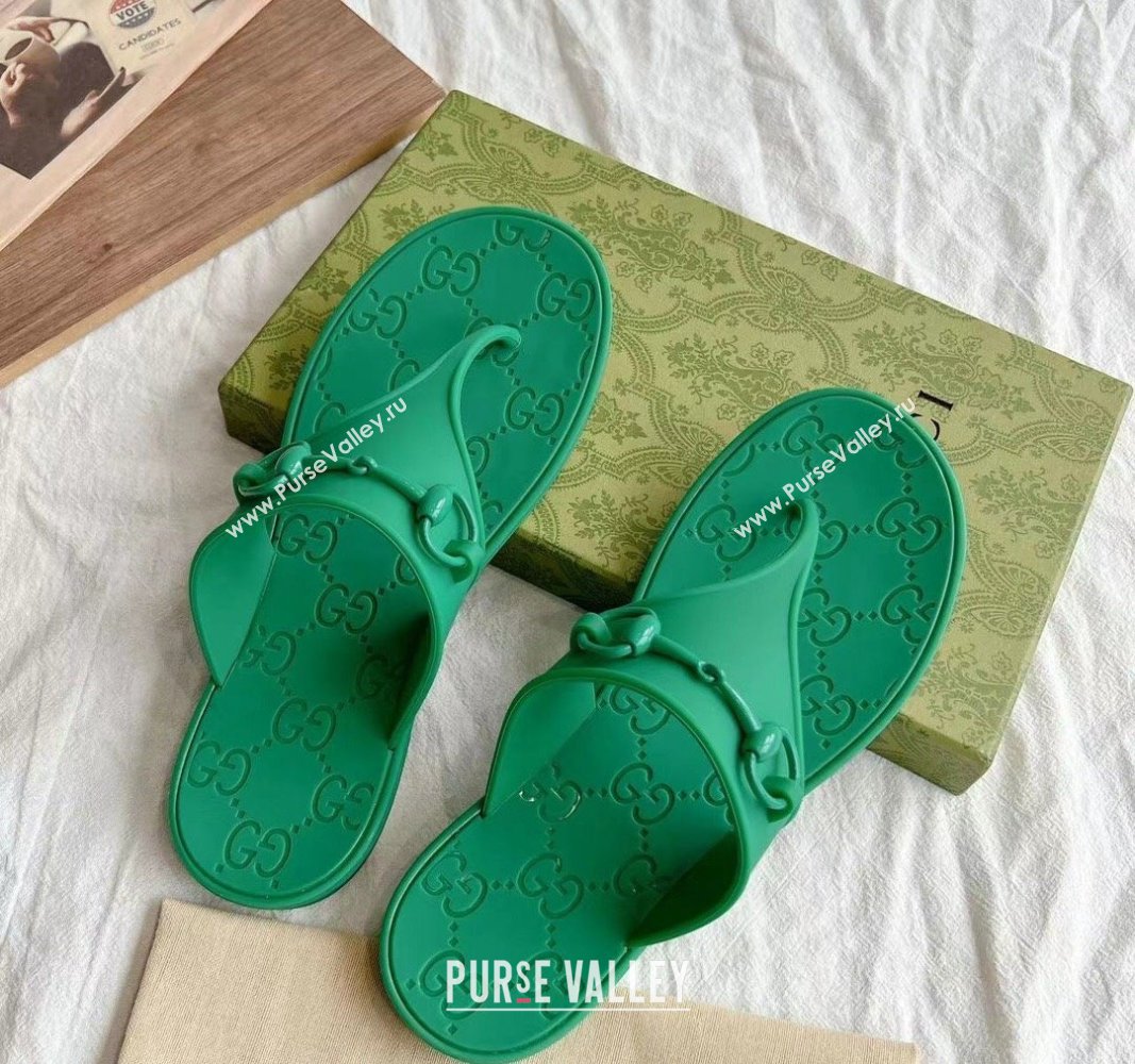 Gucci Rubber Flat Thong Slide Sandals with Horsebit Green 2024 0605 (GDX-240605048)