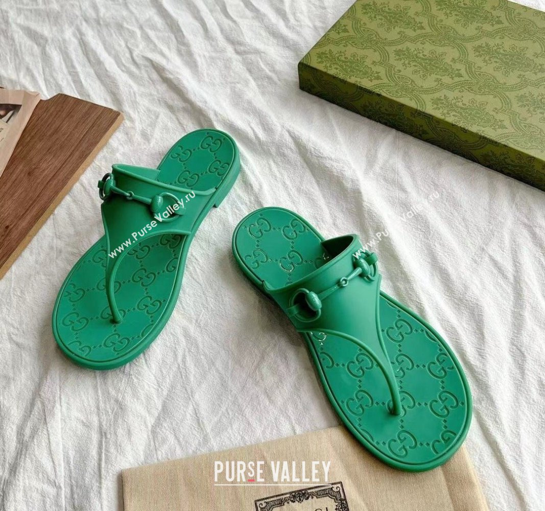 Gucci Rubber Flat Thong Slide Sandals with Horsebit Green 2024 0605 (GDX-240605048)