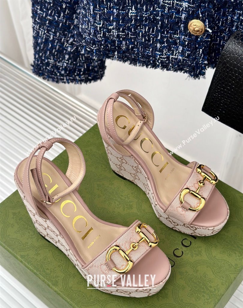 Gucci GG Canvas Wedge Sandals 12cm with Horsebit Nude 2024 0605 (MD-240605051)