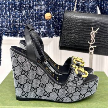 Gucci GG Canvas Wedge Sandals 12cm with Horsebit Grey/Black 2024 0605 (MD-240605052)