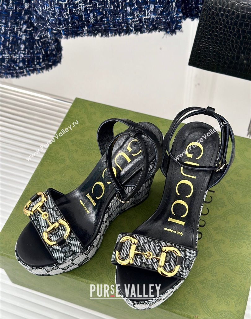 Gucci GG Canvas Wedge Sandals 12cm with Horsebit Grey/Black 2024 0605 (MD-240605052)