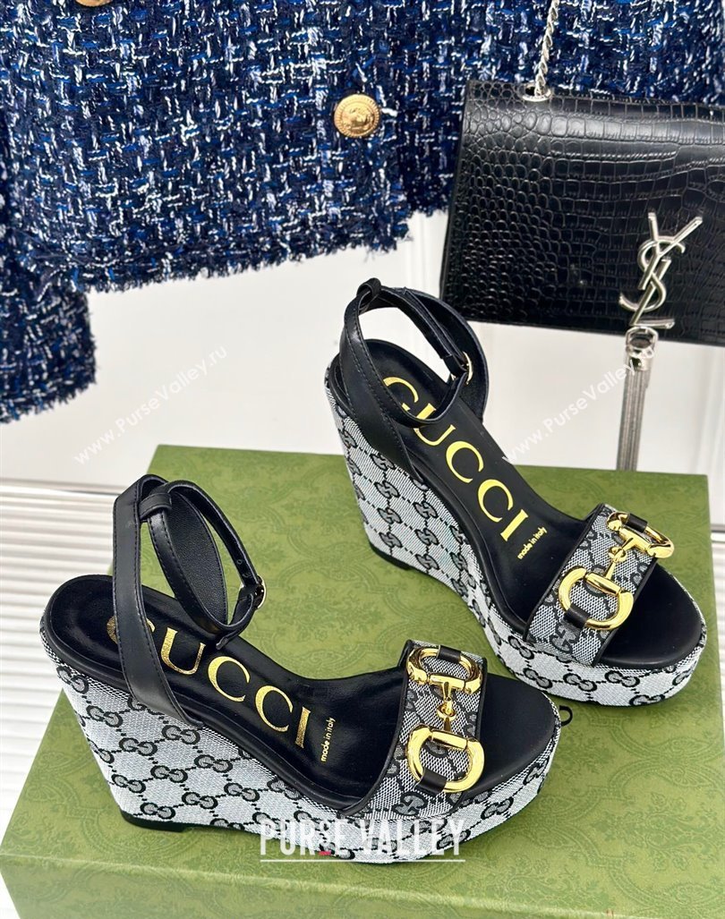 Gucci GG Canvas Wedge Sandals 12cm with Horsebit Grey/Black 2024 0605 (MD-240605052)